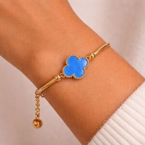 18K Gold Plated Blue Four Leaf Clover Bangle Bracelet Adjustable Lobster Clasp